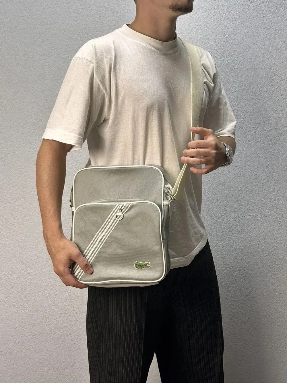 Lacoste Small Messenger Bag in White with Green Logo
